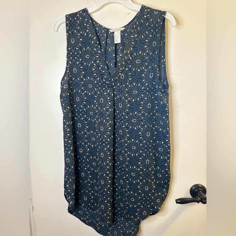 H&M Vneck Blouse Teal Greenish Blue with Floral Print Oversized Relaxed
